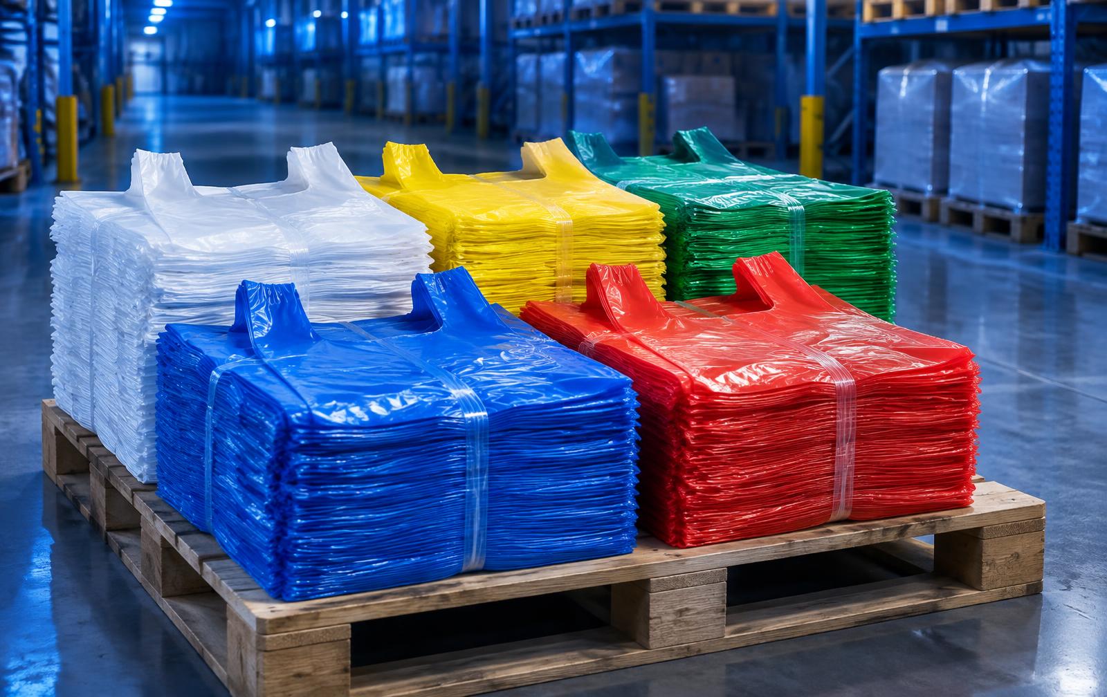 Fardos de sacolas plásticas coloridas em um armazém